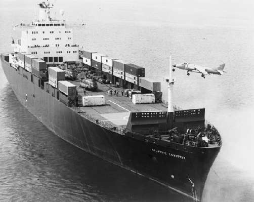 Sea Harrier approaches the container ship Atlantic Conveyor
